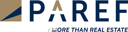 Logo PAREF, immobilier, bleu et marron, slogan.