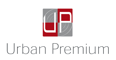 Logo Urban Premium avec design géométrique rouge et gris.
