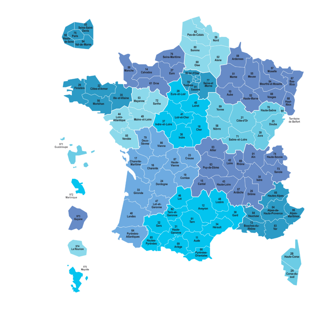 Carte de France avec divisions administratives colorées.