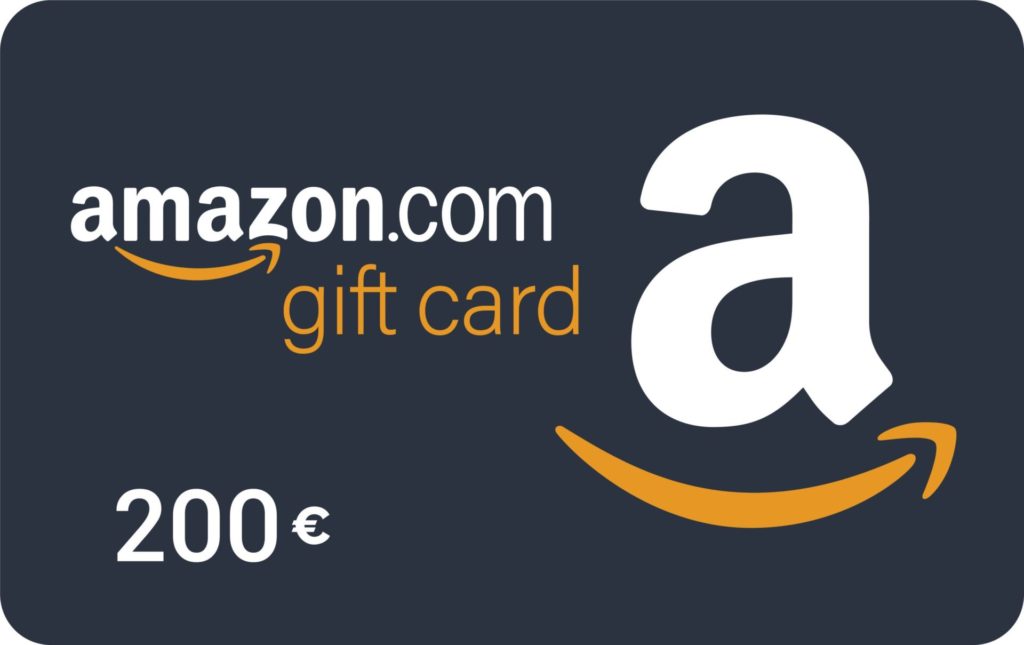 Carte-cadeau Amazon de 200 euros sur fond bleu.